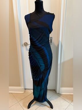 DKNY One-Shoulder Blue and Black Ruched Evening Gown